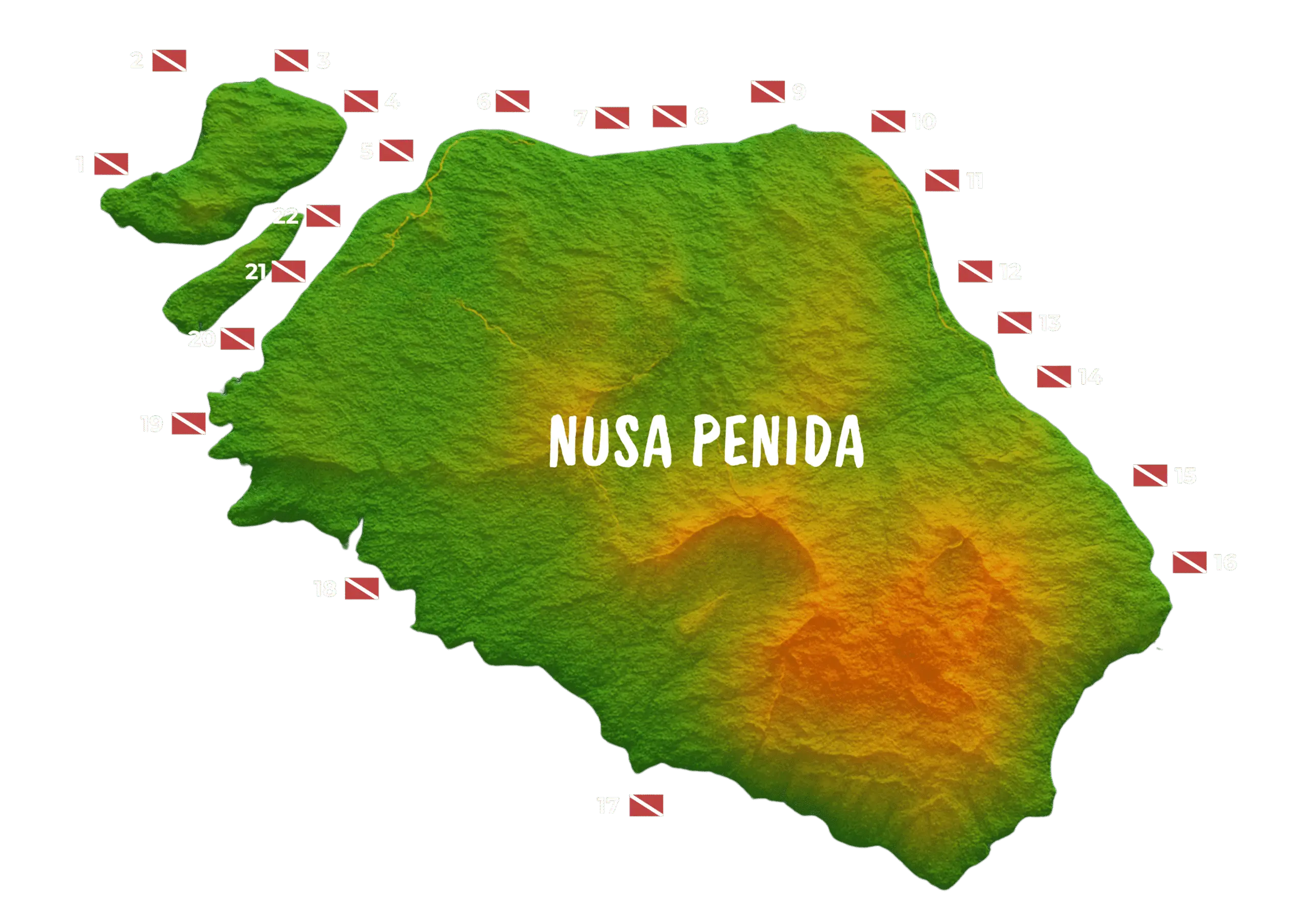 彩色高程风格的Nusa Penida岛地图，标注潜水点编号和红白潜水旗，中心大字写着NUSA PENIDA，显示地形高低变化。