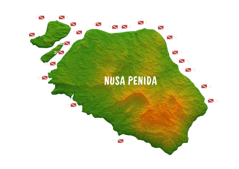 彩色地形图显示Nusa Penida岛屿及周边小岛，岛周边标注22个潜水点编号和潜水旗位置，中心标有"NUSA PENIDA"。