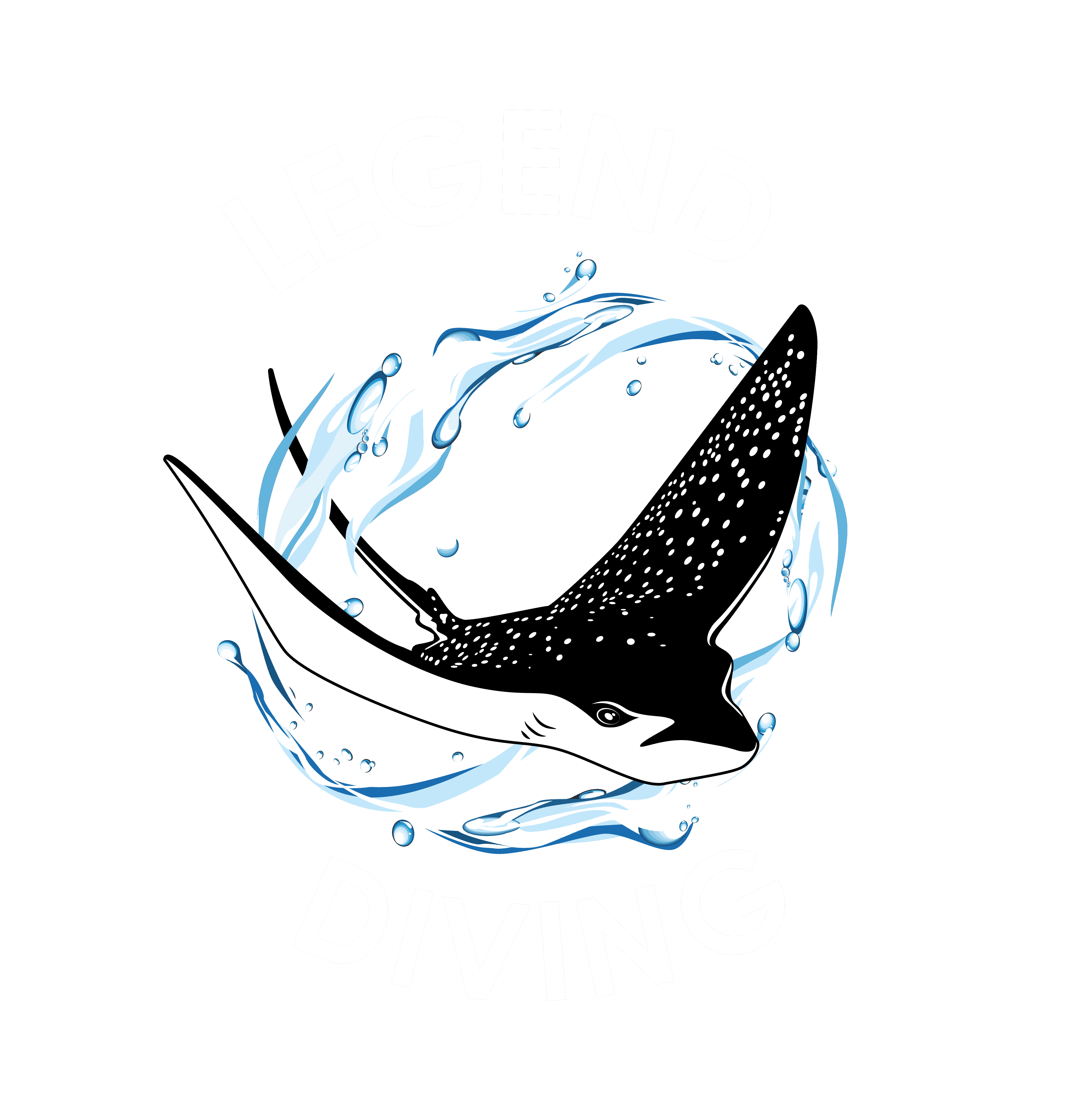 Nusa Penida潜水主题图案，白点蝠鲼在蓝色水花环绕中游动，顶部文字“LEGEND”底部“DIVING”显示潜水活动品牌标志。