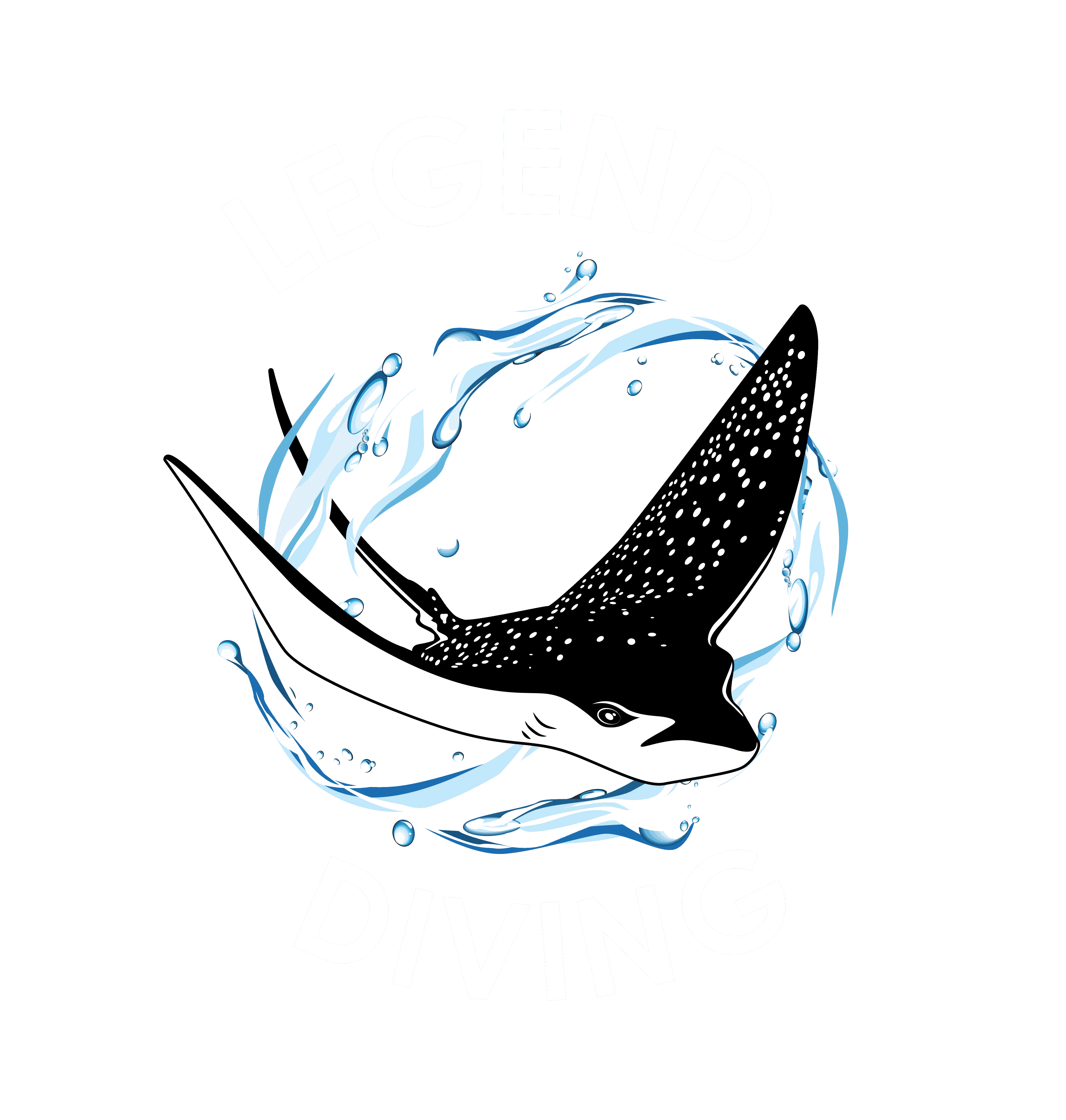 Logo original no background white Letters Nusa Penida潜水主题图案,白点蝠鲼在蓝色水花环绕中游动,顶部文字“LEGEND”底部“DIVING”显示潜水活动品牌标志。