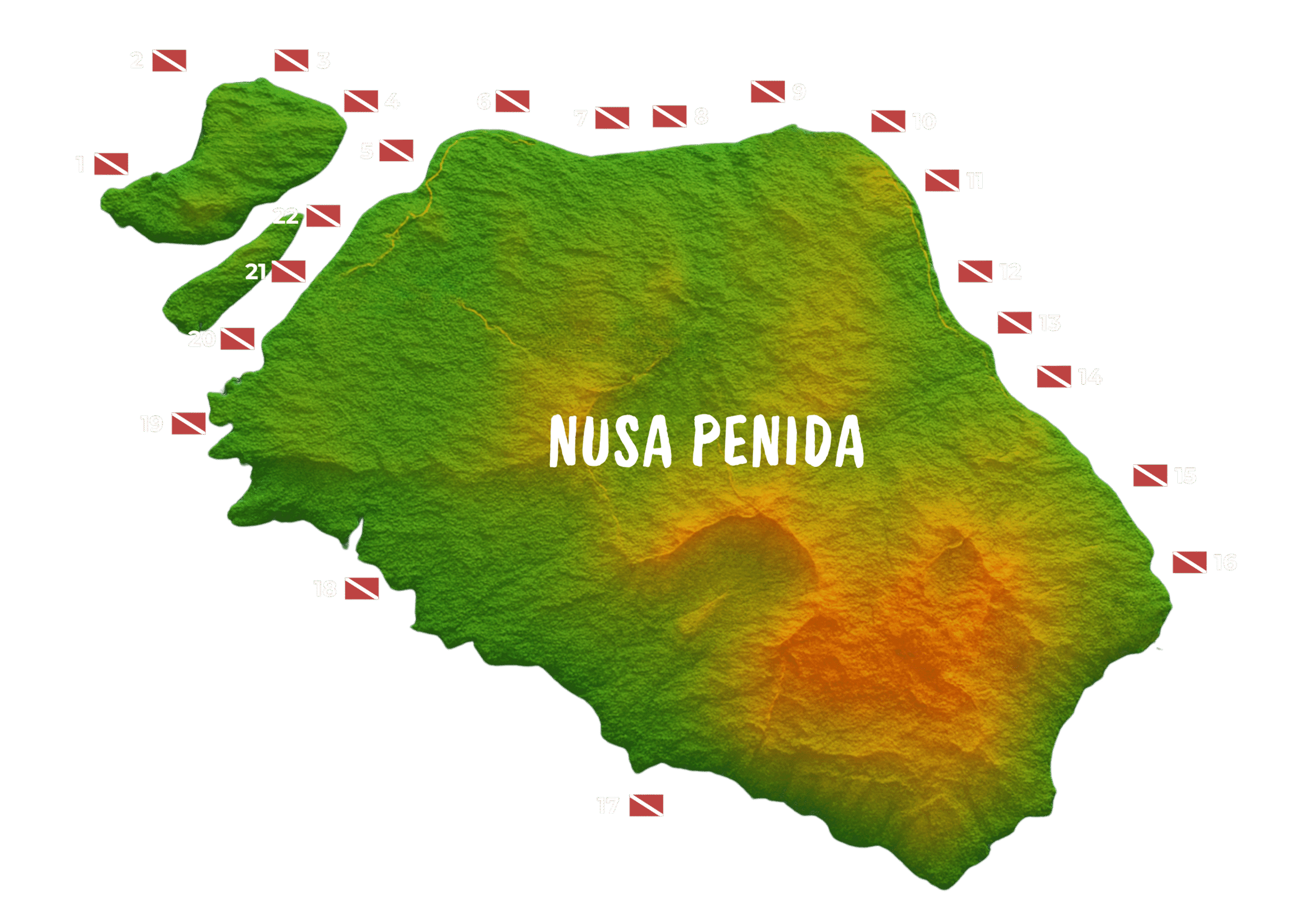 彩色高程风格的Nusa Penida岛地图，标注潜水点编号和红白潜水旗，中心大字写着NUSA PENIDA，显示地形高低变化。