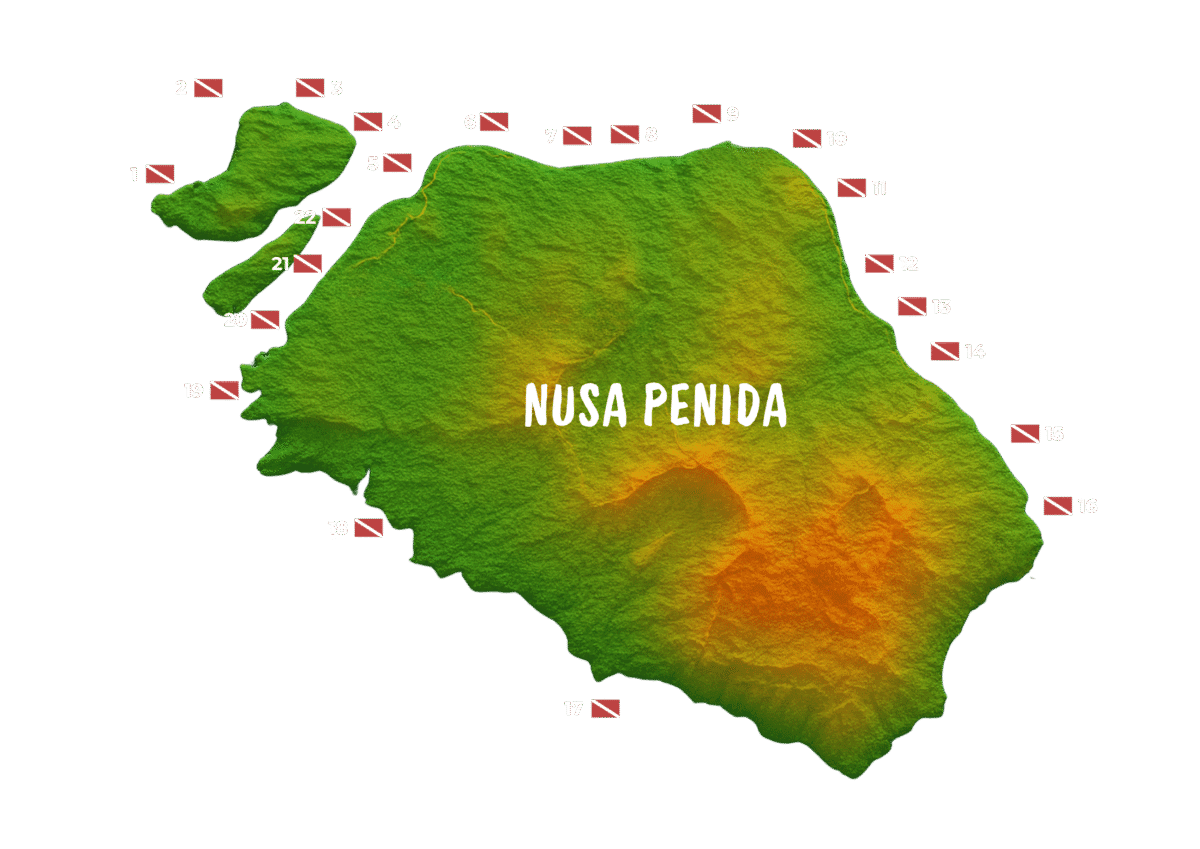 彩色地形图显示Nusa Penida岛屿及周边小岛，岛周边标注22个潜水点编号和潜水旗位置，中心标有"NUSA PENIDA"。